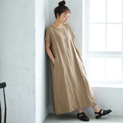 M-XL 脇ポケットリネン ロングワンピース ナチュラル