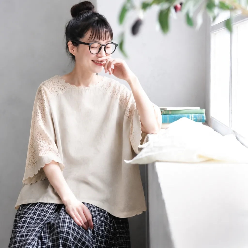 S-L 綿麻 カットワーク フレアスリーブ 半袖 無地 切り替え シンプル Tシャツ