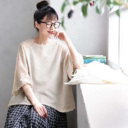 S-L 綿麻 カットワーク フレアスリーブ 半袖 無地 切り替え シンプル Tシャツ
