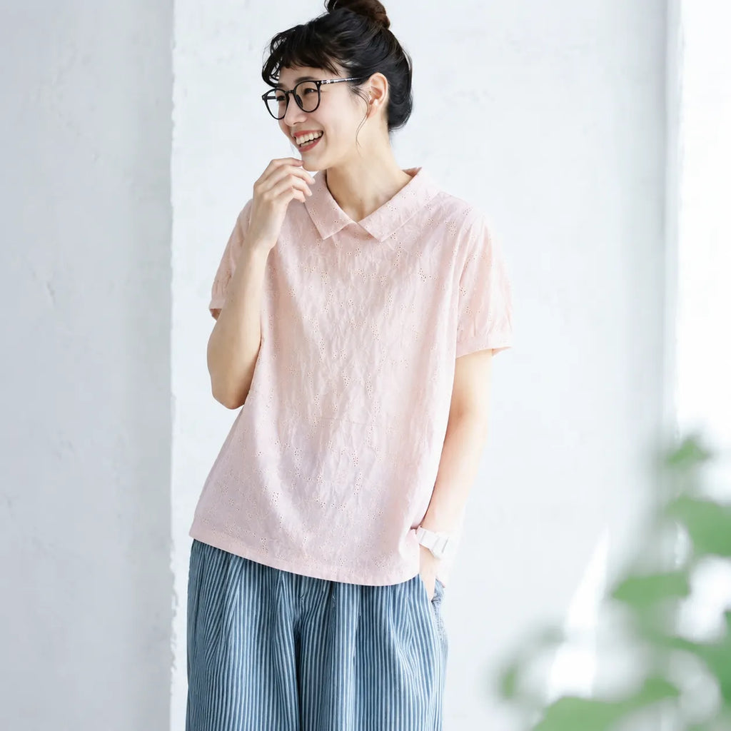 ナチュラル M~2XL リラックス＆レトロな夏の定番アイテム 半袖ブラウス/ダボシャツ・ラクに着られる