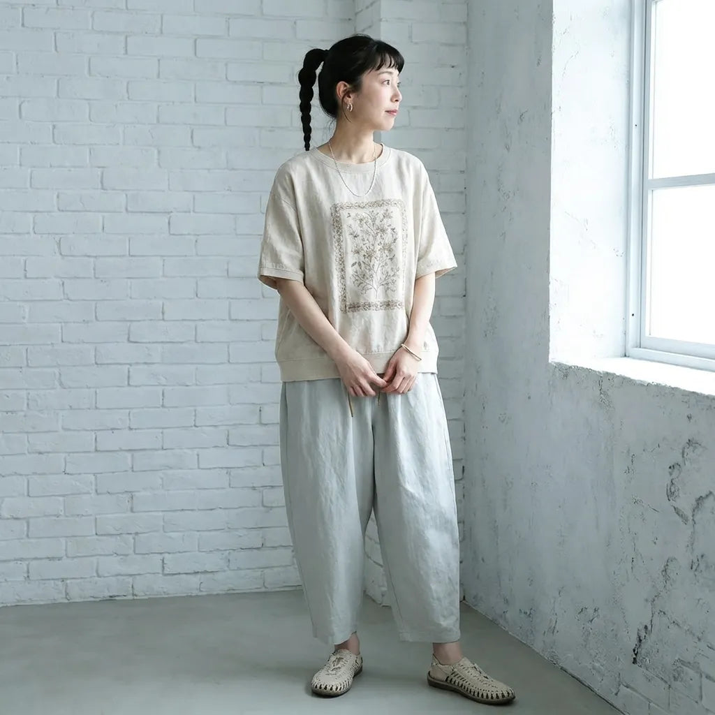 M-2XL ナチュラル プリント コットン混 半袖Tシャツ 体型カバー ルーズ