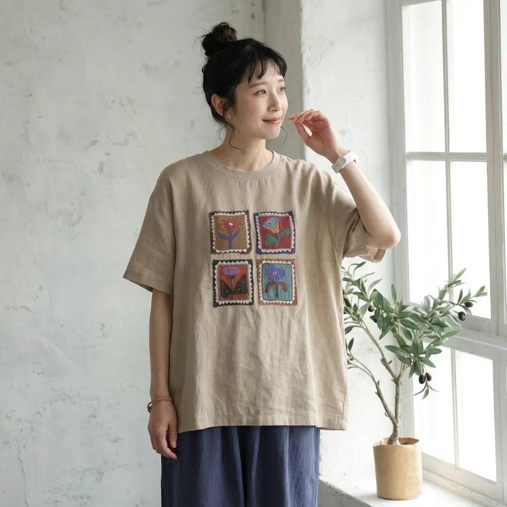 ルーズな雰囲気細見え半袖プルオーバーTシャツ
