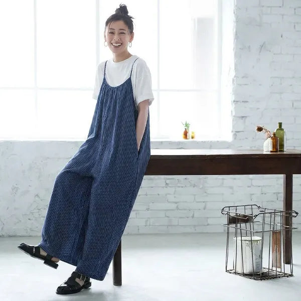 M~2XL コットン ストライプ柄 ノースリーブ オールインワン