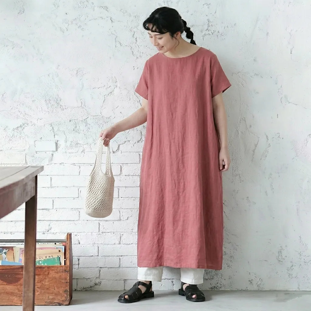 M-XL 脇ポケットリネン ロングワンピース ナチュラル