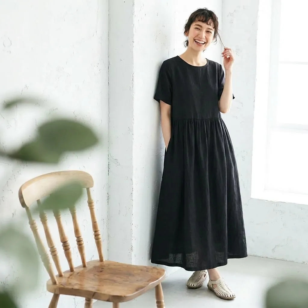 リネン生地Aラインカジュアルワンピース