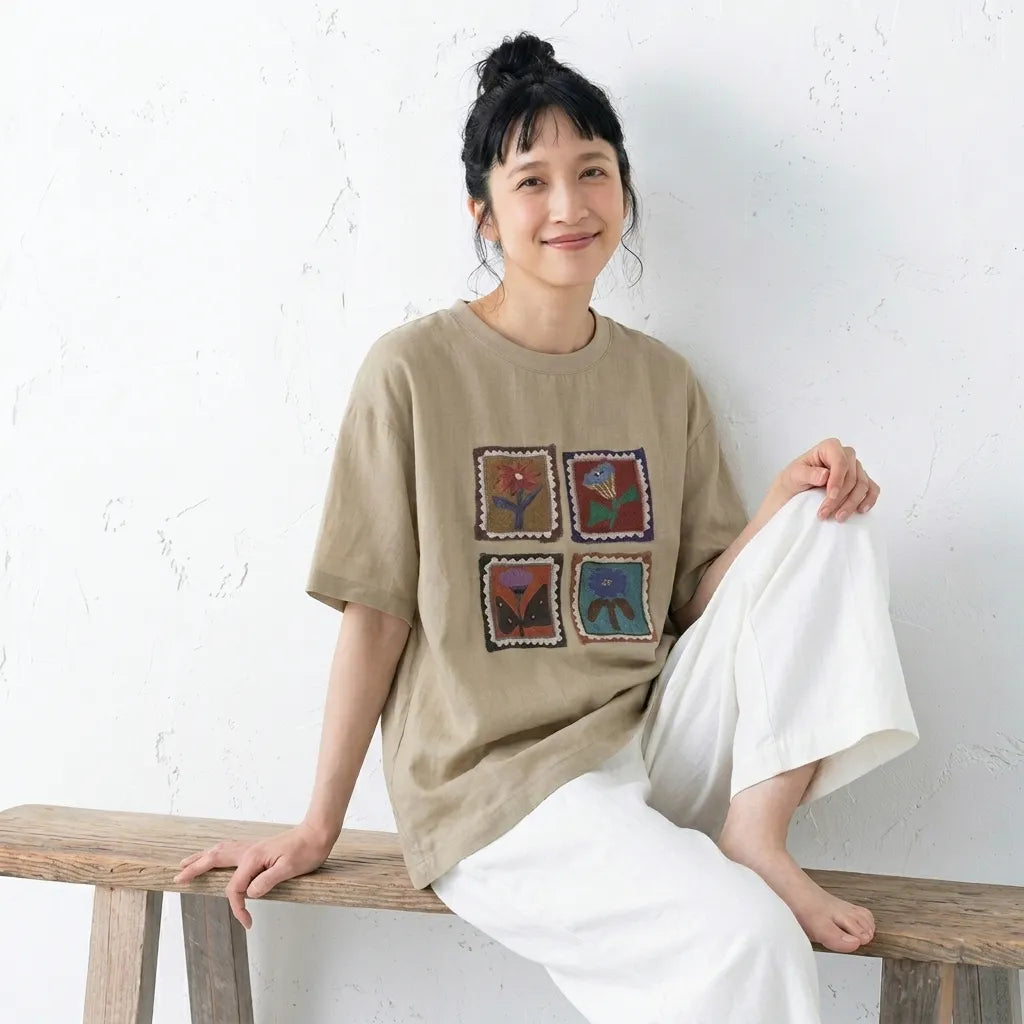 ルーズな雰囲気細見え半袖プルオーバーTシャツ