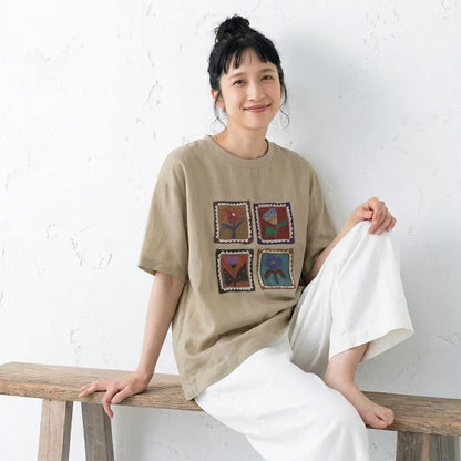 ルーズな雰囲気細見え半袖プルオーバーTシャツ