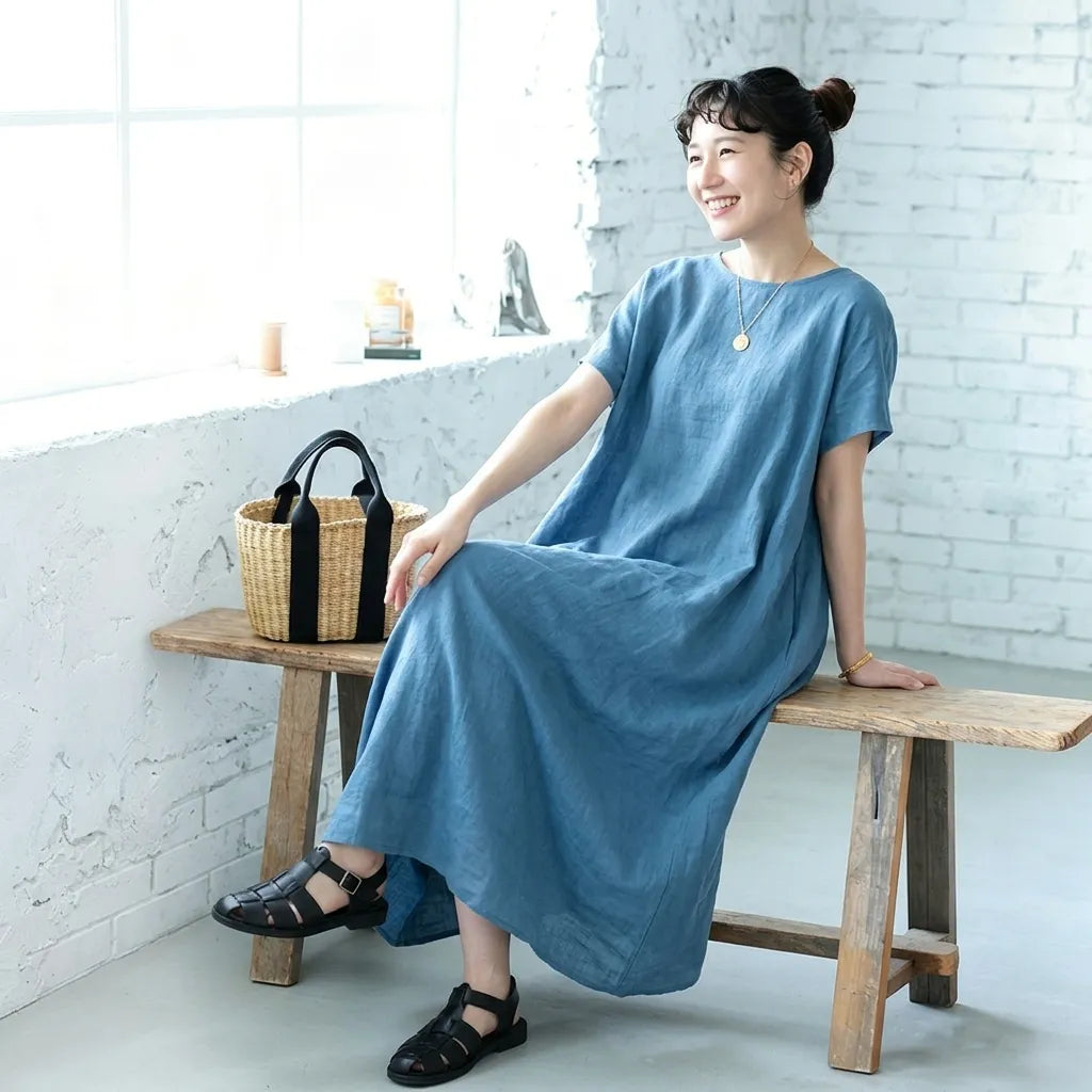 M-XL 脇ポケットリネン ロングワンピース ナチュラル
