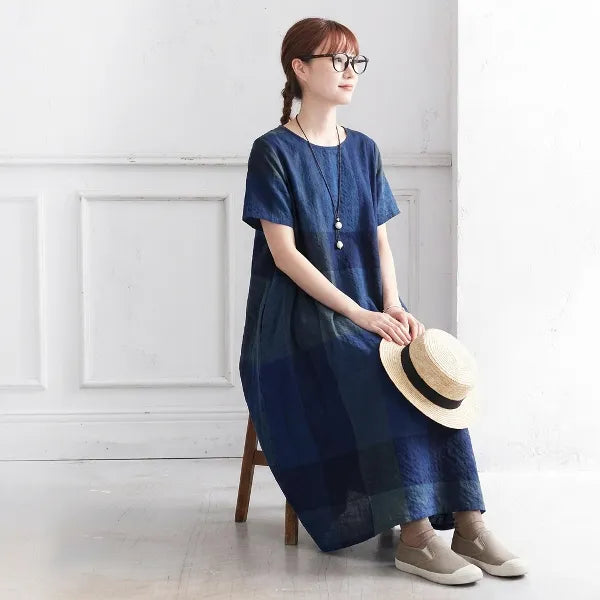 M-2XL 綿麻 チェック柄 Aライン 半袖 カジュアル 半袖ワンピース