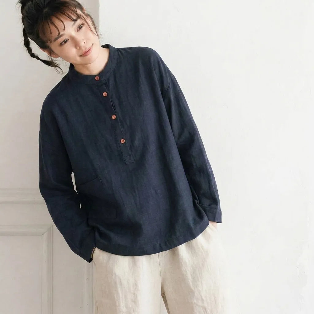 M~3XL レトロ コットン リネン 立襟 プルオーバー 長袖シャツ