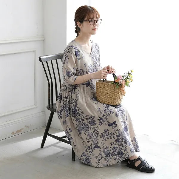 M~2XL ラミー Vネック プリント 七分袖 脚長効果 デイリー ワンピース