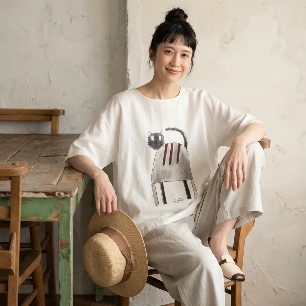 ねこと過ごす、風通しのいいコットンリネンTシャツ
