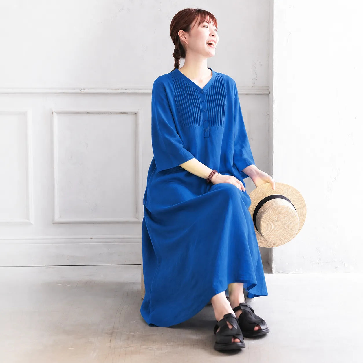 M-3XL 綿麻 リーツ 五分袖 無地 シンプル 半袖ワンピース