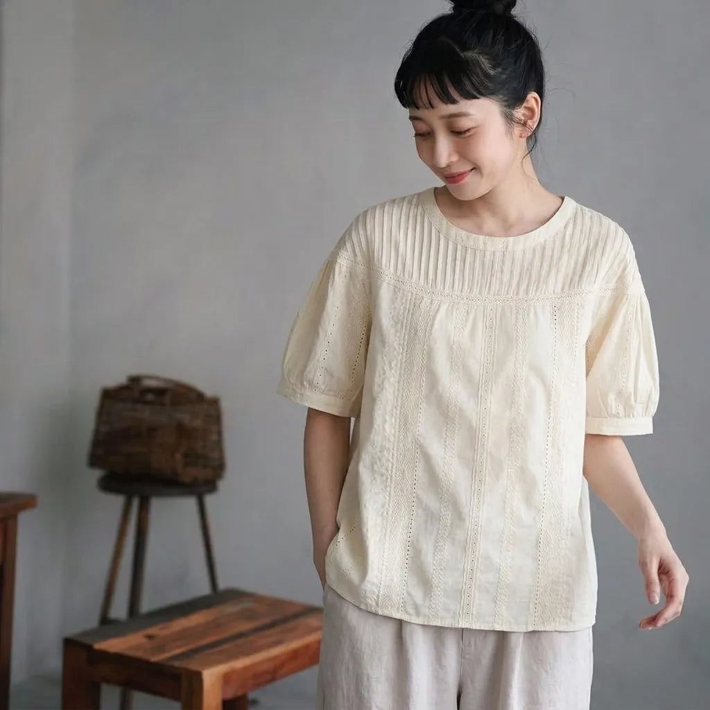 ヴィンテージ甘めデザイン前開きなし襟付きTシャツ