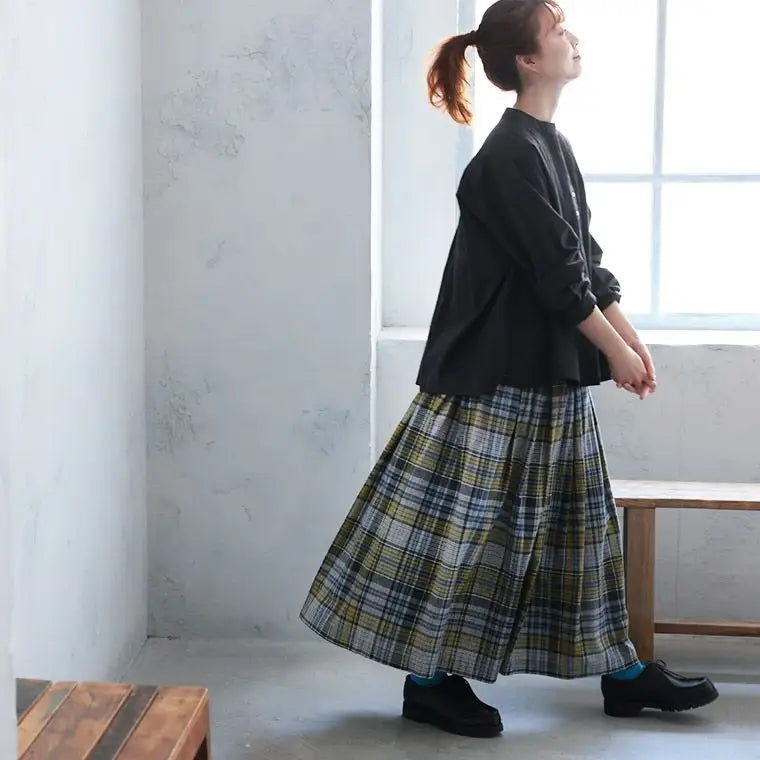 コットンのゆったりイエロー × グレーチェック ギャザー入り 森系 スカート