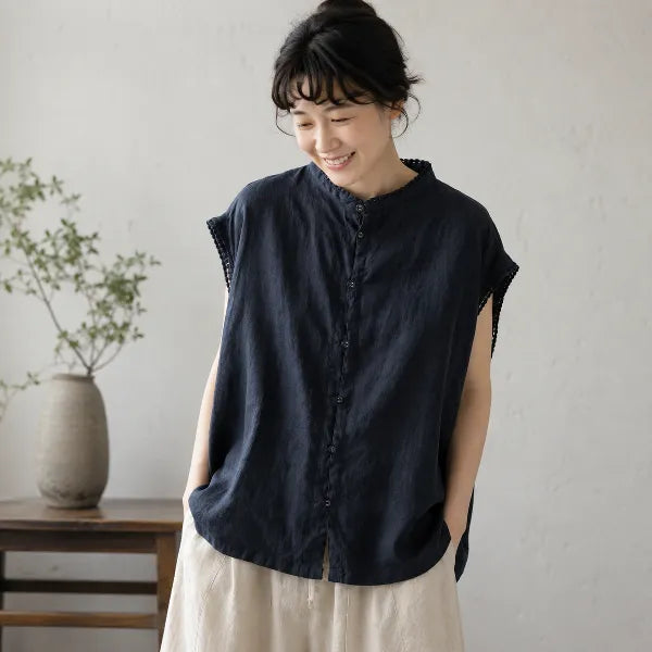 M~2XL 綿麻 スタンドネック 切り替え 無地 デイリー 体型をカバー カジュアル シャツ