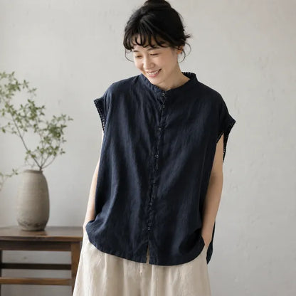 M~2XL 綿麻 スタンドネック 切り替え 無地 デイリー 体型をカバー カジュアル シャツ