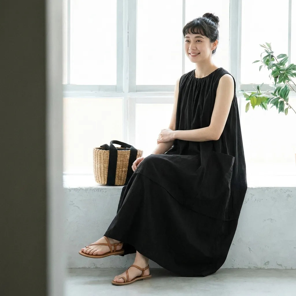 丸襟ノースリーブ大容量ポケットゆったり広がりミディワンピース