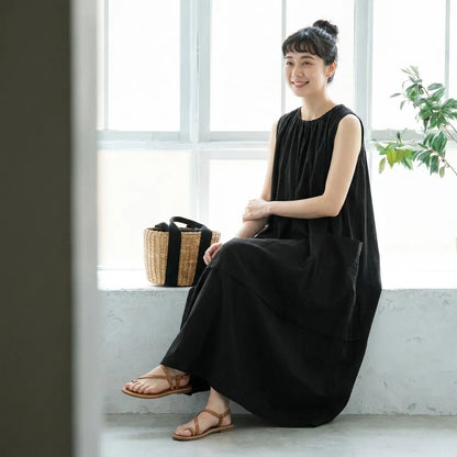 丸襟ノースリーブ大容量ポケットゆったり広がりミディワンピース