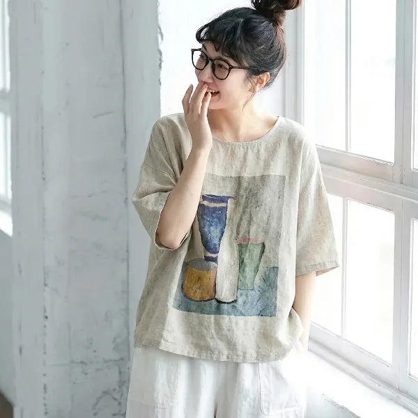 M-3XL 綿麻 通気性良い プリント ラウンドネック レトロ Tシャツ