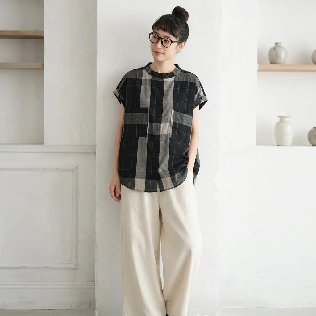 M-2XL ラ綿麻 ウンドネック チェック柄 ノースリーブ シンプル Tシャツ