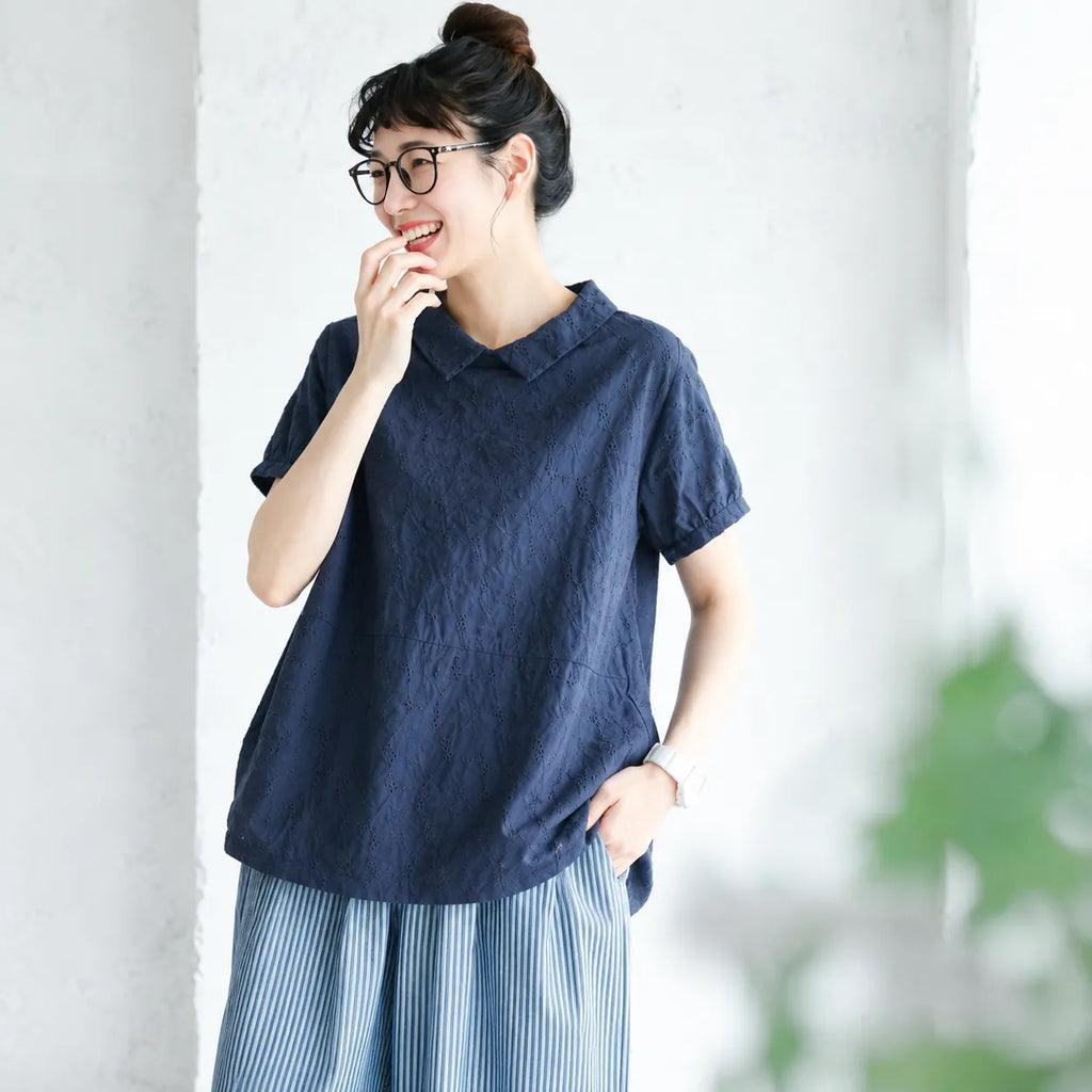 ナチュラル M~2XL リラックス＆レトロな夏の定番アイテム 半袖ブラウス/ダボシャツ・ラクに着られる