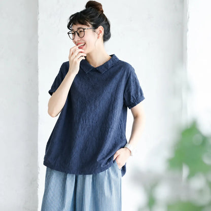 ナチュラル M~2XL リラックス＆レトロな夏の定番アイテム 半袖ブラウス/ダボシャツ・ラクに着られる
