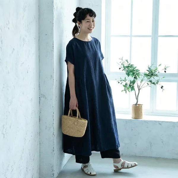 M-4XL 綿麻 無地 半袖 Aライン プリーツ カジュアル 半袖 中長 ワンピース