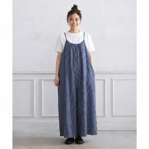 M~2XL コットン ストライプ柄 ノースリーブ オールインワン