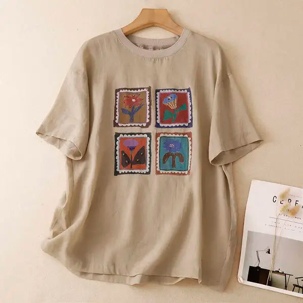 M-2XL 花模様 プリント ノーマルスリーブ 半袖 ラウンドネック カジュアル Tシャツ