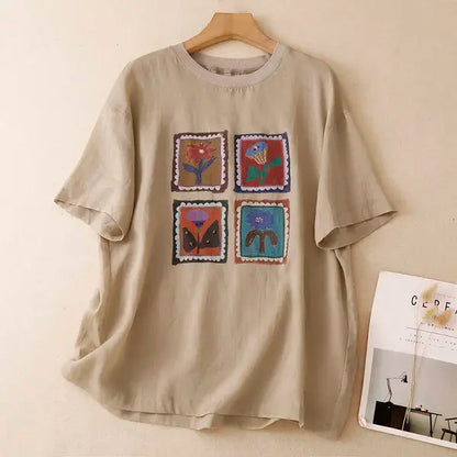 M-2XL 花模様 プリント ノーマルスリーブ 半袖 ラウンドネック カジュアル Tシャツ