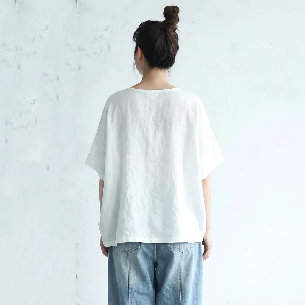 M-3XL 綿麻 通気性良い プリント ラウンドネック レトロ Tシャツ