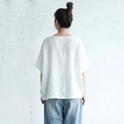 M-3XL 綿麻 通気性良い プリント ラウンドネック レトロ Tシャツ