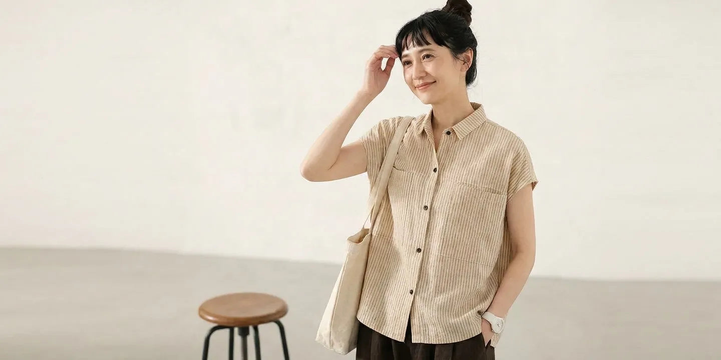 さらり先染綿麻ボーダー上品カラー万能半袖シャツ