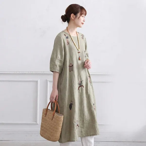 M-2XL リネン 刺繍 丸首 半袖 Aライン ワンピース