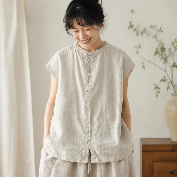 M~2XL 綿麻 スタンドネック 切り替え 無地 デイリー 体型をカバー カジュアル シャツ