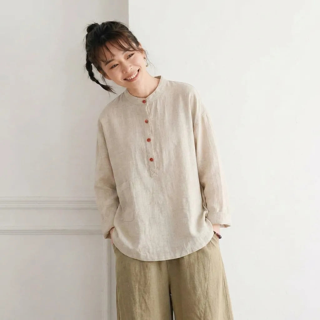 M~3XL レトロ コットン リネン 立襟 プルオーバー 長袖シャツ
