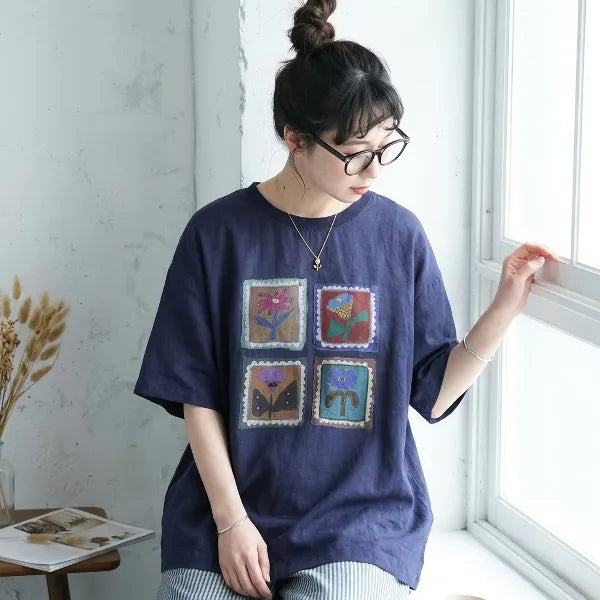 M-2XL 花模様 プリント ノーマルスリーブ 半袖 ラウンドネック カジュアル Tシャツ