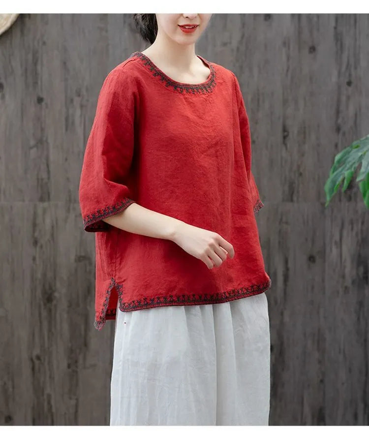 M-3XL 綿麻 ナチュラル 肌触り柔らかい 五分袖 刺繍 無地 毎日使える Tシャツ