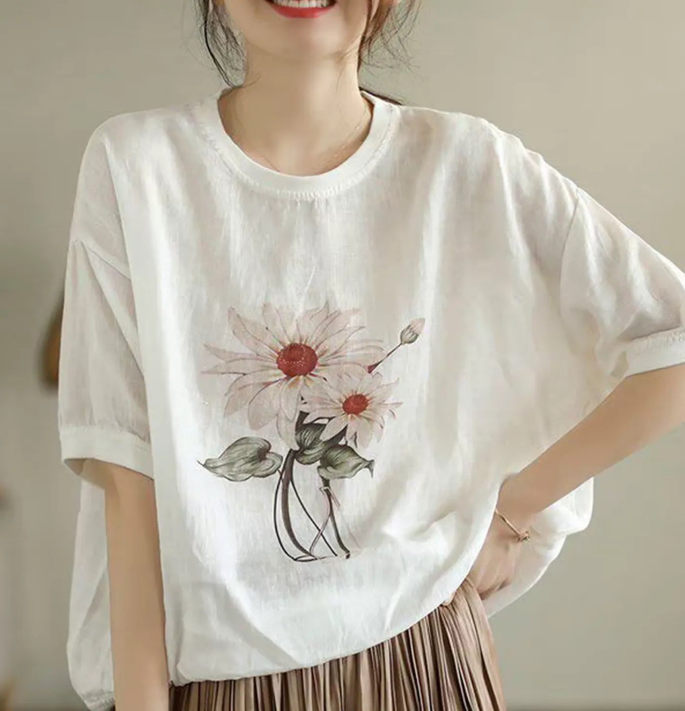 【柔らかい】M-3XL リネン プリント ラウンドネック ドルマンスリーブ 花模様 五分袖 カジュアル Tシャツ