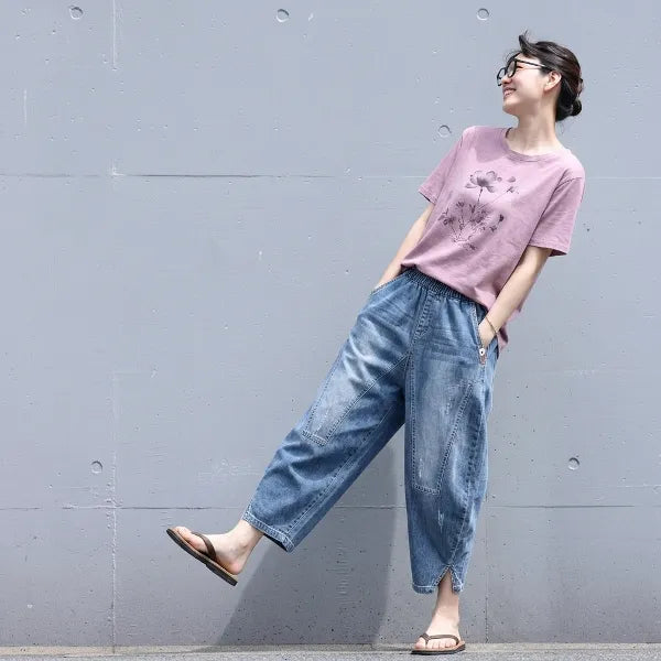 M-3XL 薄手素材 デニム クロップド丈（7分丈） ポケット付き 無地 ジーンズ