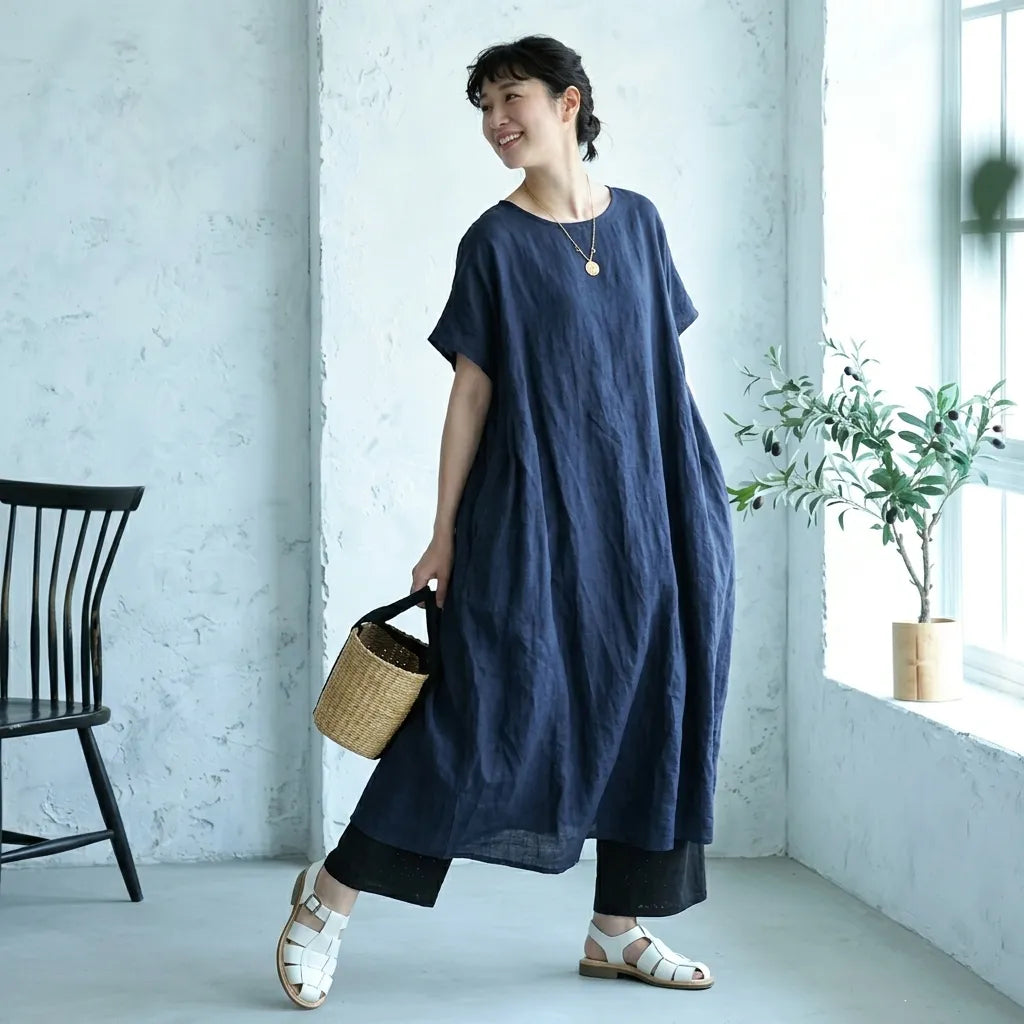 M-XL 脇ポケットリネン ロングワンピース ナチュラル