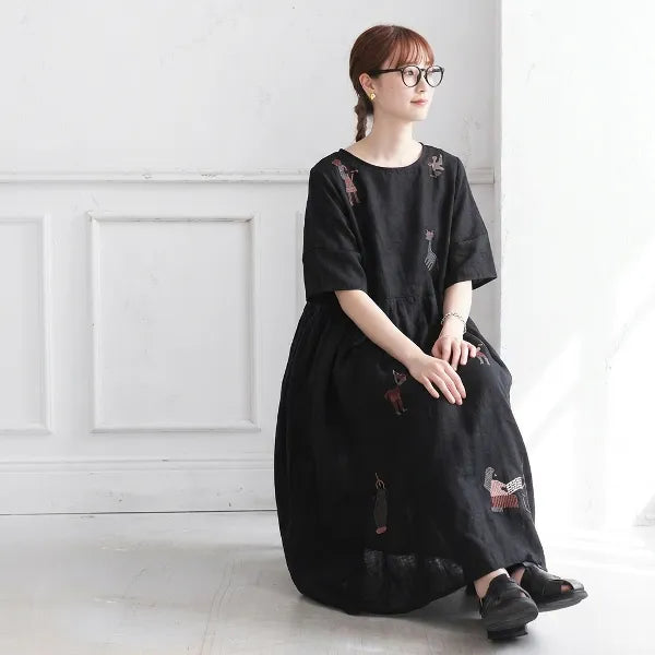 M-2XL リネン 刺繍 丸首 半袖 Aライン ワンピース