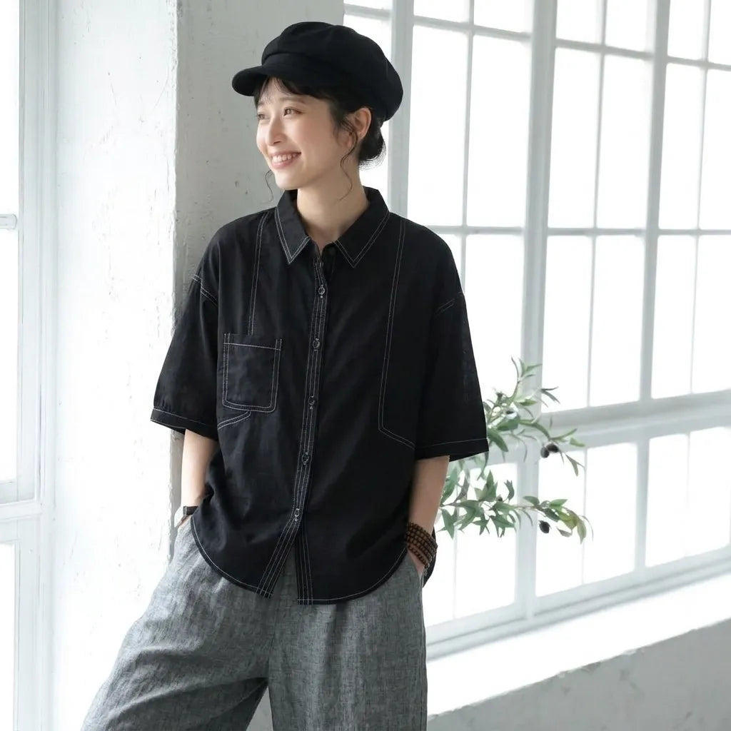 デザイン性あり 5 分袖ゆるカジュアルシャツ