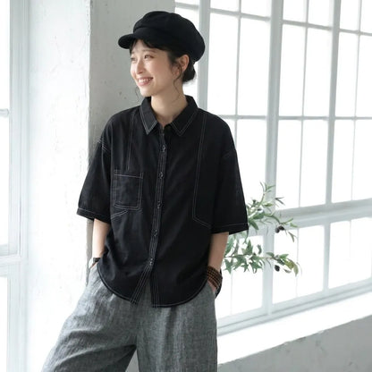 デザイン性あり 5 分袖ゆるカジュアルシャツ