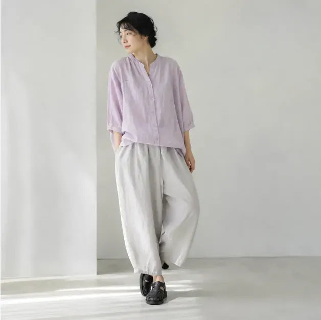 【綿麻】ゆったり シングルボタン 体型カバー 大人カジュアル レディース 半袖Tシャツ