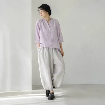 【綿麻】ゆったり シングルボタン 体型カバー 大人カジュアル レディース 半袖Tシャツ