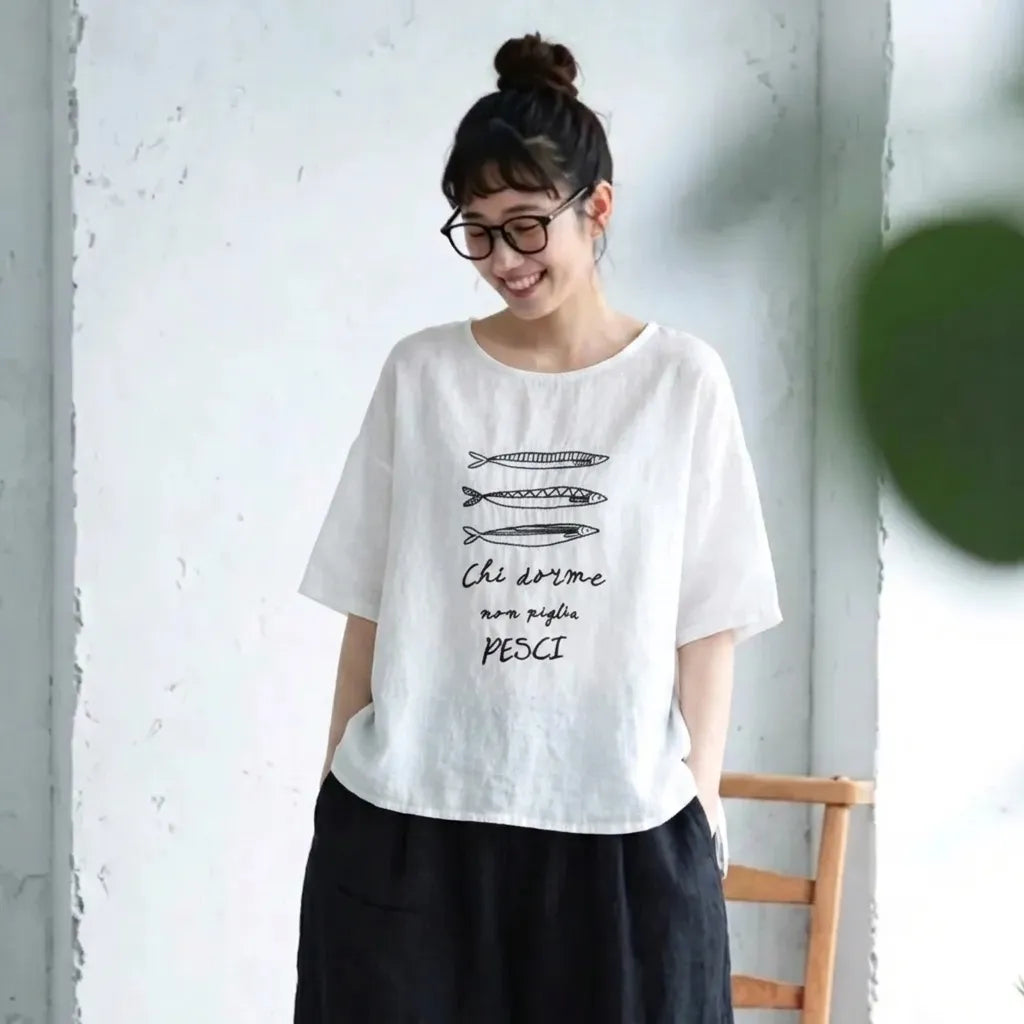 フリーサイズ リネン ラウンドネック プリント 半袖 レトロ Tシャツ