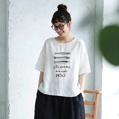 フリーサイズ リネン ラウンドネック プリント 半袖 レトロ Tシャツ