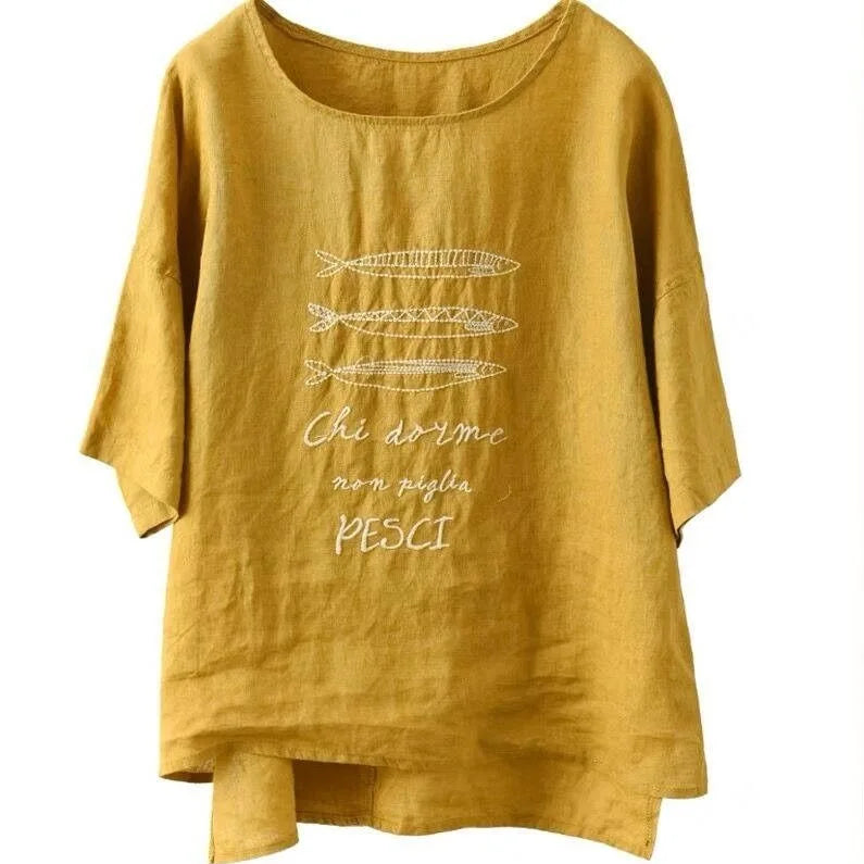 宵闇の屋上で星屑を数える、リネン混プルオーバー Tシャツ